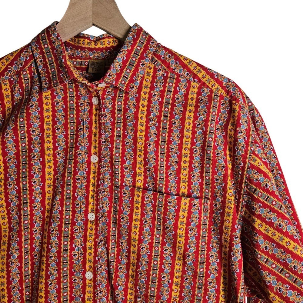 Vintage 80s Calico Stripe Button Down Shirt Women's L Red Gold Retro Ruff Hewn